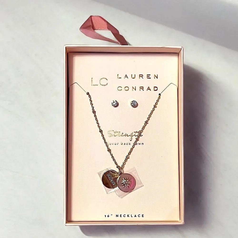 LC Lauren Conrad Strength Rhinestone Rose Gold Necklace And Earring Box Set NWT